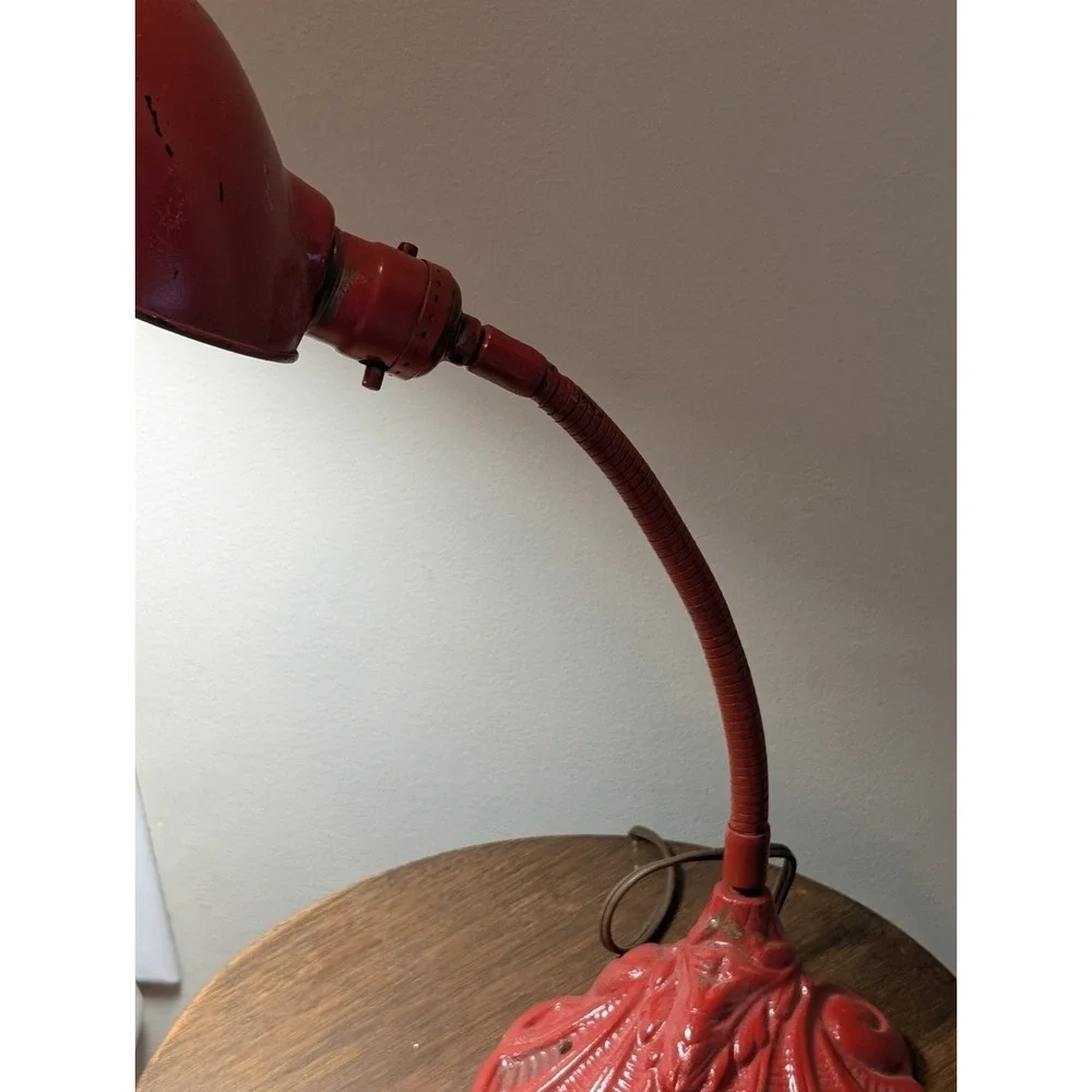 Vintage Art Deco Gooseneck Desk Lamp Cast Iron Shell Base Industrial Red 1920-30